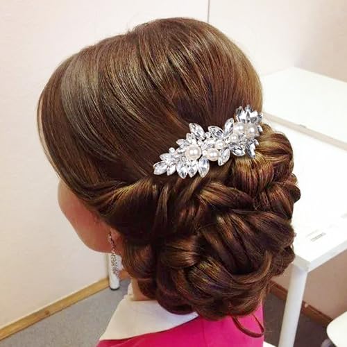 Rhinestone Pearl Barrettes, Crystal Hair Clips for Weddings, Silver French Barrette Clips for Women Thick Long Hair, Sparkly Hair Pins for Bridal Brides Wedding (1PCS)