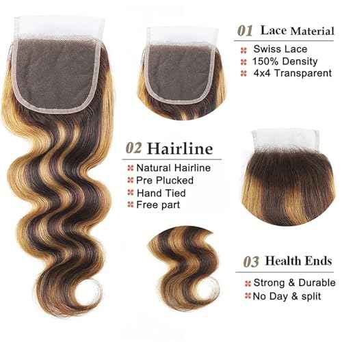 Highlight Bundles with Closure Human Hair Body Wave P4/27 Honey Blonde Brown Bundles with Highlights human hair 10A Brazilian Body Wave with Closure 16 18 20+16inch