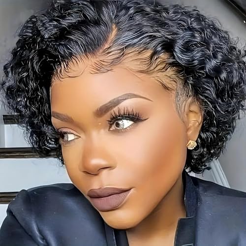 Short Curly Lace Front Wig for Black Women Human Hair Bob Wig Pre Plucked 13x4 Lace Wig Wavy Pixie Cut Wig 1B Color 150% Density