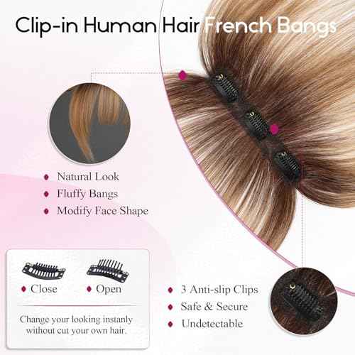 EMMOR Clip in Bangs, 100% Human Hair Bangs with 3 Non-slip Clips, 360¡ÆCover Top HairPieces with 5 inch Wispy Fringes for enhancing Women's Facial Features(Ombre Ash Blonde)