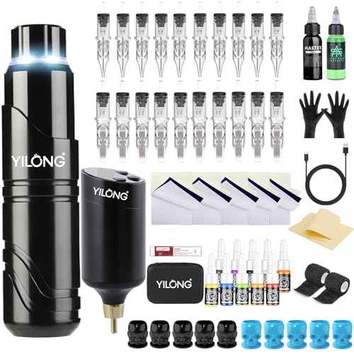 YILONG Tattoo Pen Machine Kit Complete Rotary Gun Tattoo Machine with 20 Cartridge Needles Power Supply Tattoo Ink for Tattoo Artists (S2-Black)