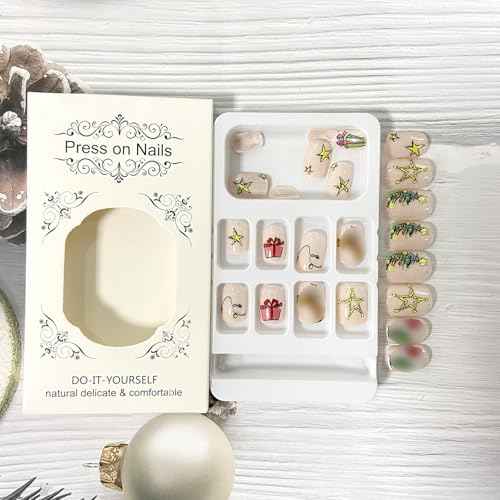 Christmas Press on Nails Square Short Fake Nails Xmas False Nails With Christmas Tree Green Haired Monster Star Gift Designs Full Cover Stick on Nails Acrylic Winter Artificial Nails for Women 24Pcs