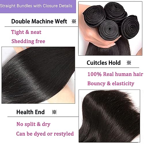 Brazilian Straight Bundles with Closure Human Hair Weave 3 Bundles and 4X4 HD Lace Closure (14 16 18+12 Inch) Unprocessed Virgin Remy Hair Free Part for Women