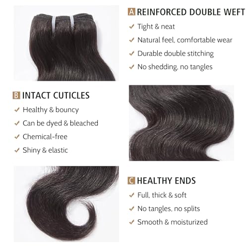 Wequeen 16A Body Wave Human Hair Bundles 28 Inch 100% Unprocessed Brazilian Virgin Hair Quick Weave Bundles Human Hair Extensions Real Human Hair, Natural Black