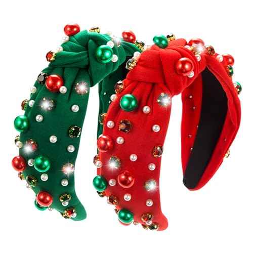 TailaiMei 2Pcs Christmas Rhinestone Knotted Headband for Women, Red & Green Jeweled Crystal Embellished Ladies Twist Wide Hair Band Accessories Holiday Makeup Hair Hoop Gifts (Pearl)