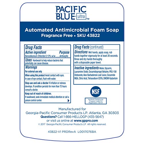 Georgia-Pacific-43822 Pacific Blue Ultra Antimicrobial Foam Soap Refills for Automated Touchless Soap Dispenser, Dye and Fragrance Free, 3 Bottles/Case