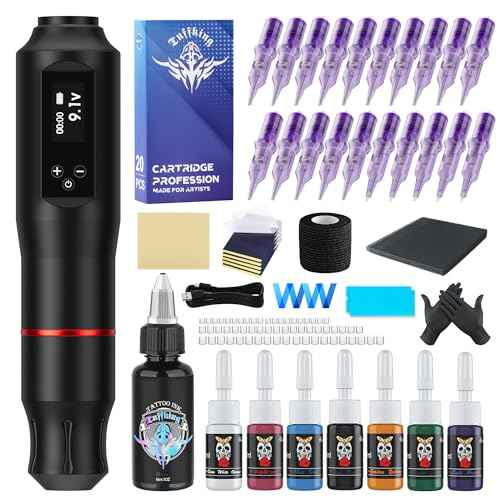 TUFFKING Tattoo Gun Machine Kit - Wireless 1600mAH Tattoo Gun Kit, Professional Rotary Tattoo Pen Kits, with 20Pcs Cartridge Needles for Beginners Artists Tattoo Supplies