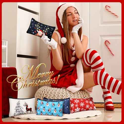 Reginary 60 Pcs Christmas Makeup Bags Bulk Xmas Cosmetic Bags 7 x 4.3 Inches Snowman Snowflake Santa Zipper Pouch Christmas Purses Gifts for Women