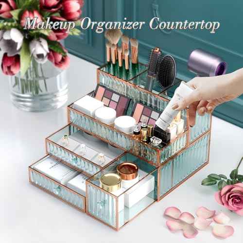Makeup Organizer Countertop - Tempered Glass Vanity Organizer for Cosmetics, Skincare, Hair Tools, Brushes, Perfume - Multipurpose Bathroom Counter Skincare Organizer