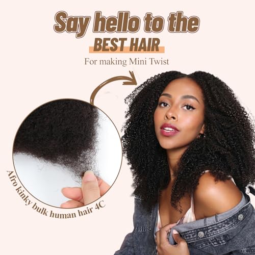 Afro Kinkys Bulk Human Hair for Draedlock Extensions Repair Locs Afro kinkyhair For Braiding Twist Braids Afro Human Hair (Natural Black, 16 Inch (Pack of 3))