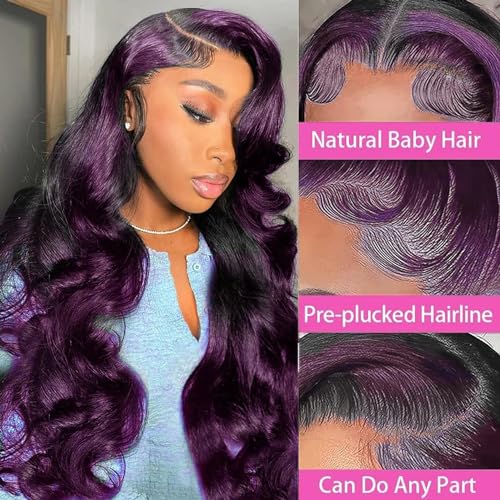 Skunk Stripe Wigs Human Hair Lace Front Purple Highlights Wig 13x4 HD Lace Front Wigs Dark Burgundy Highlight Body Wave Lace front Wig 150% Density Pre Plucked with Baby Hair 18 Inch