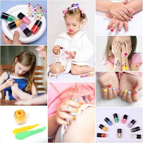 wakaniya Kids Nail Polish - Quick Dry Mini Nail Polish Set for Girls with Gems Stickers, 9 Colors Non-Toxic Water-Based Peel-Off Low Odor Toddler Nail Set for Ages 3+