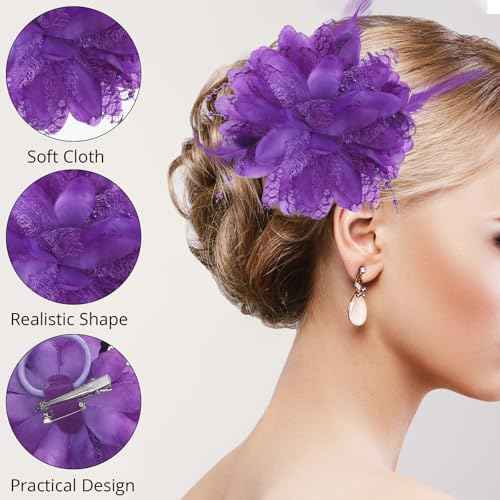 Purple Feather Hair Clip - Ladies Artificial Flower Brooch Hairpin Barrette for Girl Headwear Dress Up - Halloween, Christmas, Valentine, Wedding, Prom