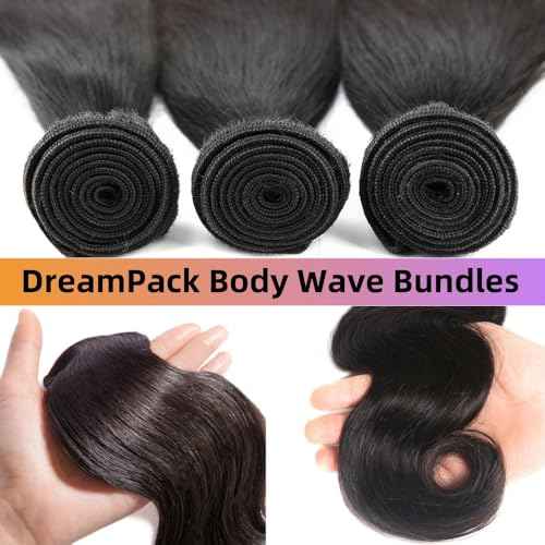 Bundles with Closure Human Hair Body Wave Bundles Human Hair with 4x4 Lace Closure 100% Unprocessed Virgin Hair Extensions Natural Color (14" 14" 14" + 10" Closure)