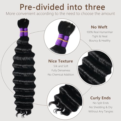 Human Braiding Hair for Boho Braids Deep Water Wave Crochet Hair Extensions Boho Hair for Braiding 12 A 110g 2 Bundles/Pack Natural Color Pre-Stretched 26 Inch