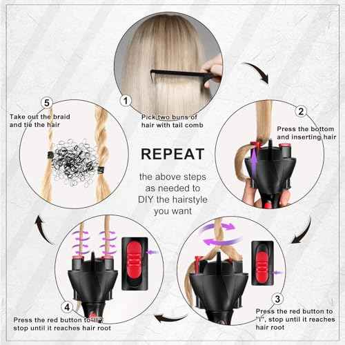 Honoson Hair Braider Set, 7 Pieces Automatic Hair Braider with Electronic Hair Braiding Tool Machine, Rat Tail Comb and Crocodile Hair Clips for DIY Hair Styling (Bright Color)