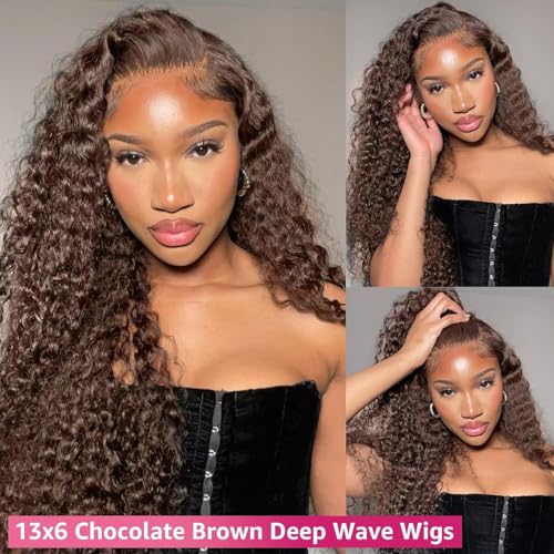 Chocolate Brown Deep Wave Lace Front Wigs Human Hair 13x6 Curly Human Hair Wig 200% Density HD Lace Front Wig Human Hair Pre Plucked Deep Wave Wig for Women with Baby Hair