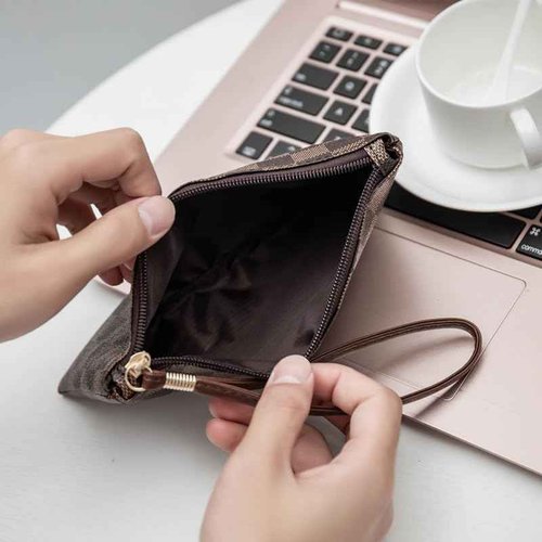 bopomofo Brown Checkered Cosmetic Bag 3 Pack,1 Big Pouch,1 Makeup Brushes Holder, 1 Coin Purse,Portable Travel Makeup Bag Set Lightweight and Waterproof Storage Bag Organizer (Brown Checkered 3 Pcs)