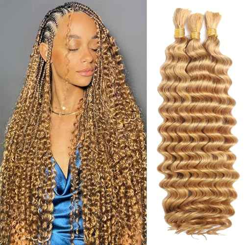 Human Braiding Hair for Boho Braids, Deep Wave Bulk Boho Braids Human Hair for Knotless Curly Bohemian Water Wave Braiding 110g 18 Inch Caramel Blonde (3 No Weft Bundles/Pack)