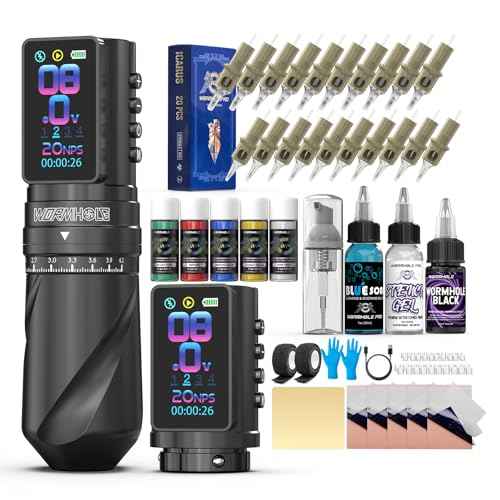 Wormhole Tattoo Gun Kit Wireless Tattoo Machine Kit ? 7 Adjustable Stroke, Dual 2300mAh Batteries, Smart Display with Timing Function, 3 Modes (Normal/Jump-Start/Dot Work), for Lining & Shading