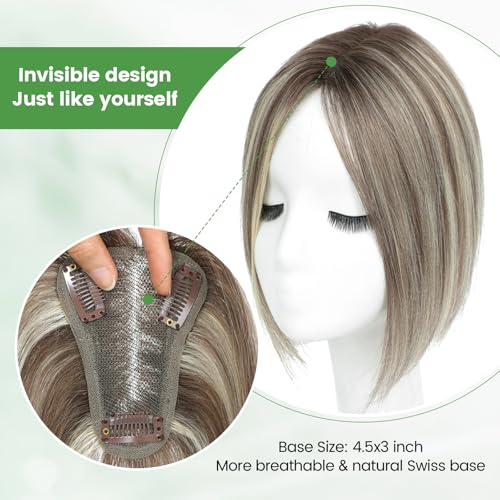 Hair Toppers for Women Upgrade Swiss Lace Base Hair Topper 10inch Hairpieces for Women with Hairloss (Ombre Medium Brown with Blond Highlight)