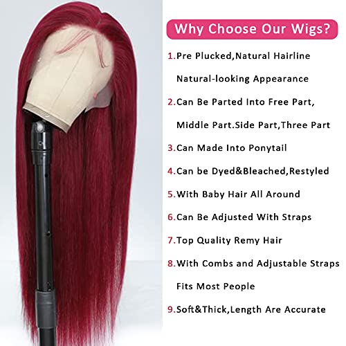 99j Burgundy Straight Lace Front Wigs Human Hair 99J 13X4 HD Transparent Lace Frontal Wigs 180% Density Glueless Pre Plucked with Baby Hair Wigs for Women