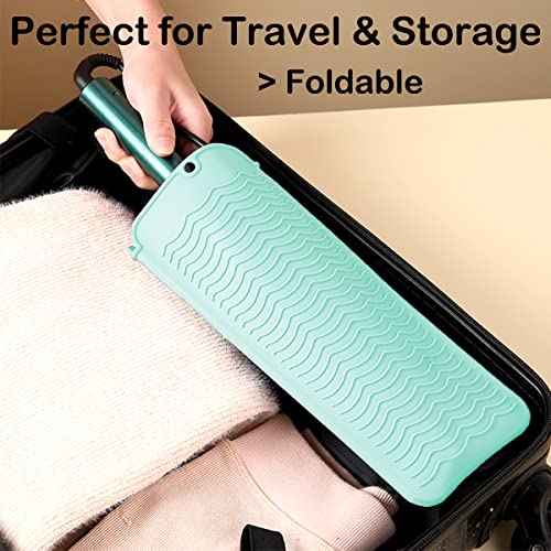 Heat Resistant Silicone Mat with Hanging Hole, Straightener Heat Resistant Travel Mat & Pouch for Curling Iron, Flat Iron and Other Hot Hair Styling Tools, 11 x 5 in, Green