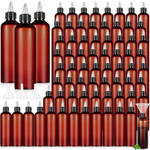 Barydat 72 Pcs 8 oz Squeeze Bottle Twist Top Applicator Bottles Empty Hair Oil Bottle with Funnels Refillable Amber Plastic Bottles for Liquid Hair Oil Shampoo Lotion