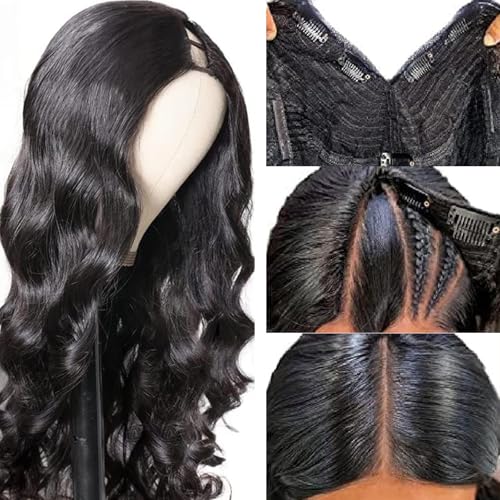 U Part Human Hair Wig Body Wave for Women Brazilian Remy Upart Human Hair Wig Beginner Friendly No Sew in NO Glue Half Wig 180% Density Natural Color 20Inch