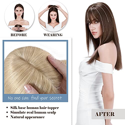 Hairro Human Hair Toppers With Bangs Clip In Remy Topper Hairpiece For Women Clip On Toupee Wispy Air Bang Middle Part With Thinning Hair Loss 12 Inch 38g #24 Natural Blonde