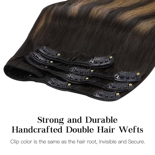 HOTBANANA Human Hair Clip in Hair Extensions, Balayage Dark Brown Mixed Chestnut Brown 120g Clip in Hair Extensions Real Human Hair Straight Remy Hair Clip Ins Dark Roots Ombre 18 Inch 7pcs