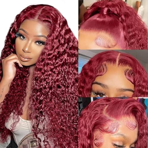 99j Burgundy Deep Wave Lace Front Wigs Human Hair 13x4 180% Density Transparent Lace Frontal Wigs Curly Wigs for Women Red Curly Wigs Pre Plucked with Baby Hair 99j Lace Front Human Hair Wigs (22inch)