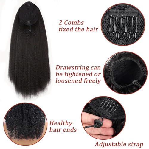 SAKALAKA Ponytail Extension Human Hair Kinky Straight Ponytail with Drawstring Brazilian Virgin Human Hair Ponytail for Women Natural Color, 24 Inch
