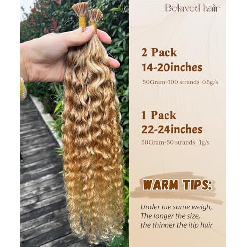 27P613 Curly I Tip Hair Extensions Human Hair Water Wave Cold Fusion Itip Flawless Microlinks Hair Extensions Invisible Blends Naturally Individual Strands for Black Women 50G Brown to Blonde 28inch