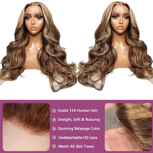 Ombre Balayage Honey Blonde Highlight Wig Human Hair, Body Wave 13x6 Lace Front Wigs Human Hair 24 Inch Brown to Blonde Highlights Glueless Lace Front Wigs Pre Plucked Human Hair Wigs for Women