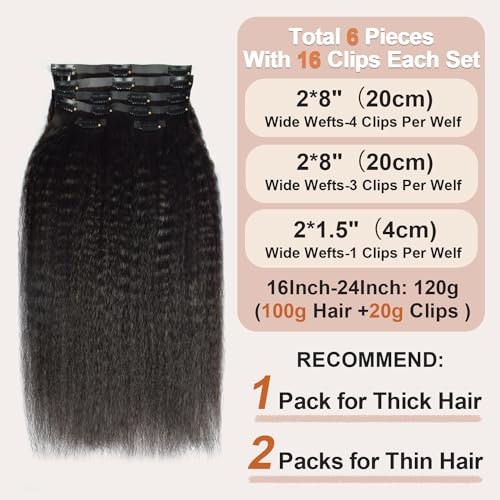 Clip in Hair Extensions Real Human Hair Clip ins Kinky Straight 100% Brazilian Virgin Hair PU Seamless Clip in Hair Extensions Human Hair for Women Natural Black 120 Gram 6 Pcs 20 Inch