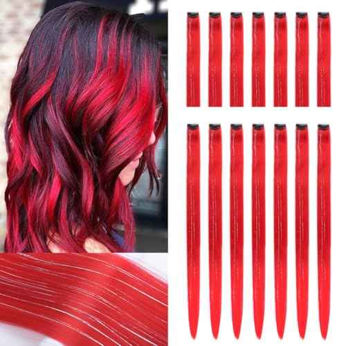 Red Hair Extensions Straight Multicolor Clip in Hairpieces 22 Inch Colorful Colored Hair Extensions for Kids Women's Gifts Halloween Christmas Party Highlights (14pcs Red)
