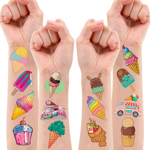 Ice Cream Temporary Tattoos 10 Sheets 120 PCS Ice Cream Cone Party Decorations Favors Supplies Sweet Theme Birthday Cute Stickers Christmas Gifts for Boys Girls Class School Prizes Carnival