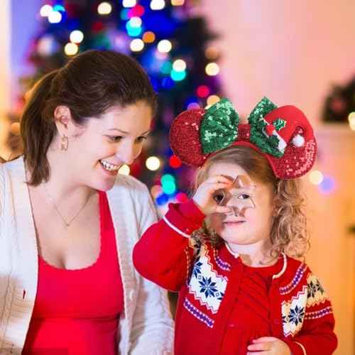 Christmas Bow Headbands Red Mouse Ear Hairbands Green Glitter Bow Hair Hoop Red Christmas Hat Headband Design Red Green Glitter Bow Headband Headband for Christmas New Year Party Hair Accessories