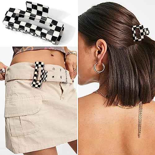 Checkered Hair Clips for Thick Thin Hair 4Pcs Large Medium Small Square Claw Clips Non Slip Strong Hold Jaw Clips Y2K Hair Accessories for Women Girls Black White