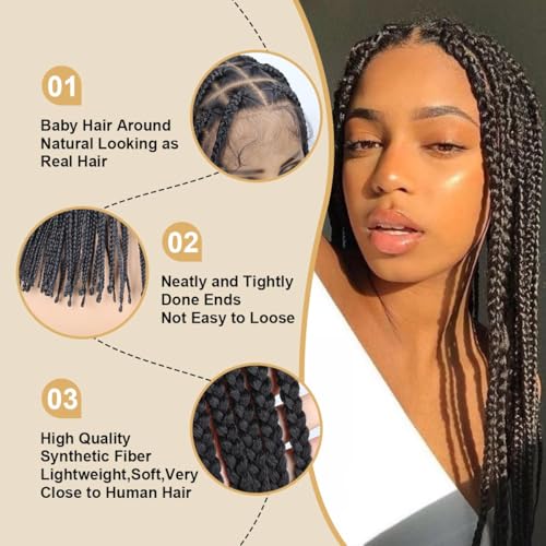 36 inch Knotless Box Braid Wigs, 360 Single Full Lace Braided Wigs for Black Women, Synthetic Black Braided Lace Wig