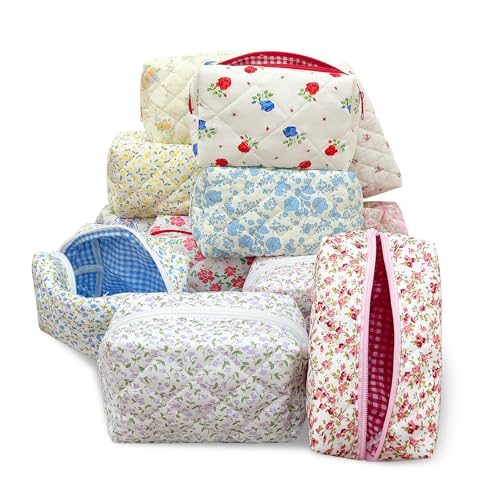 24 PCS Cotton Quilted Makeup Bag Bulk with Zipper- Floral Bridesmaid Gifts Cosmetic Makeup Pouch Bag Travel Portable Preppy Gifts for Women(24 Pack)
