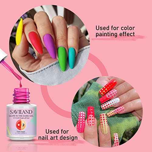 SAVILAND Glows in The Dark Gel Nail Polish Set - 12 Halloween Colors Luminous Neon Nail Gel Polish Set Soak off U V/LED Glow Effect Nail Polish for DIY Nail Art Design Holiday Gifts for Women