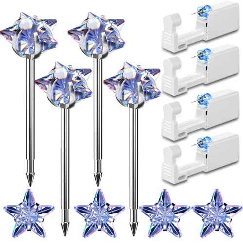 12 Pcs Ear Piercing Kit Disposable Ear Piercing Gun Kit with 4 Pcs 5 Prong Setting Cubic Zirconia Rainbow Star Earrings Stud 316L Stainless Steel Easy to Use Self Ear Piercer Gun Kit Silver