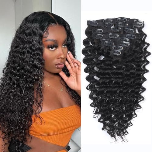 Deep Wave Clip in Hair Extensions Real Human Hair 22 Inch Deep Curly Clip ins for Women Invisible Seamless Remy Human Hair Clips in Extensions 8pcs 120g/4.2oz 20 Clips Double Weft Natural Black