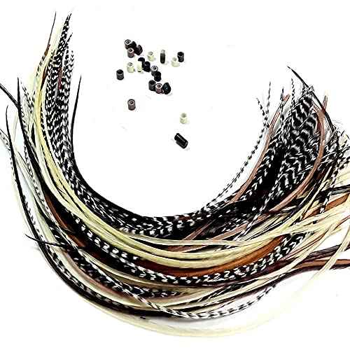 Feather Hair Extensions ? 100% Real Rooster Feathers, 20 Natural Color Feathers, Ranging from 8 to 11 Inches, Includes 20 Micro Beads and Loop Tool Kit