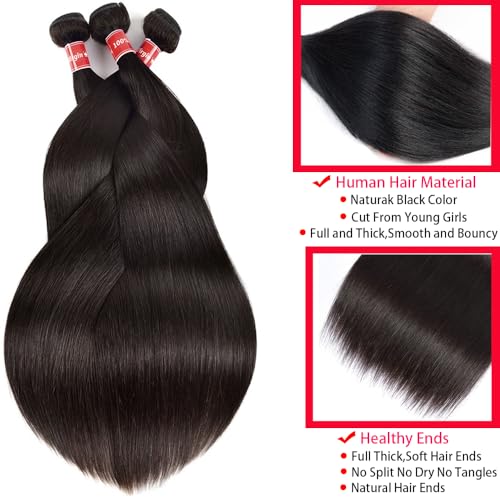 Straight Human Hair Bundles 16 18 20 Inch 12A Brazilian Virgin Straight Hair Bundles 100% Unprocessed Human Hair Weave Bundles Human Hair Extensions for Black Women Natural Black Color