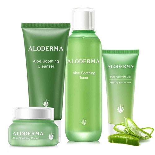 Aloderma Essential Aloe Soothing & Repairing Skin Care Set - 5 Pieces - Gel, Cleanser x2pcs, Toner, Cream