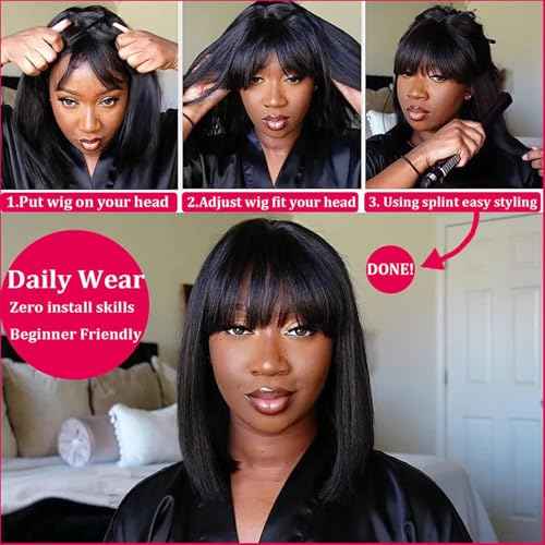 ROSELINE Short Bob Wig Human Hair Glueless HD 1X3 Lace Closure Human Hair Bob Wig With Bangs For Black Women (12Inch)