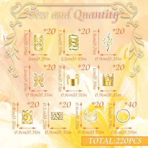 220PCS Gold Hair Jewelry Dreadlock Cuffs Braids Clips Metal Hair Cuff Rings Loc Charms Hair Beads Decorations Accessories for Women